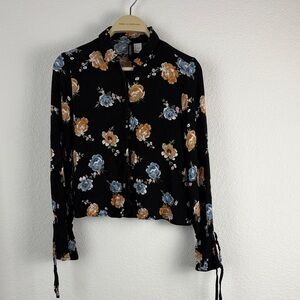 Divided Black Blouse with Blue and Orange Floral Design
